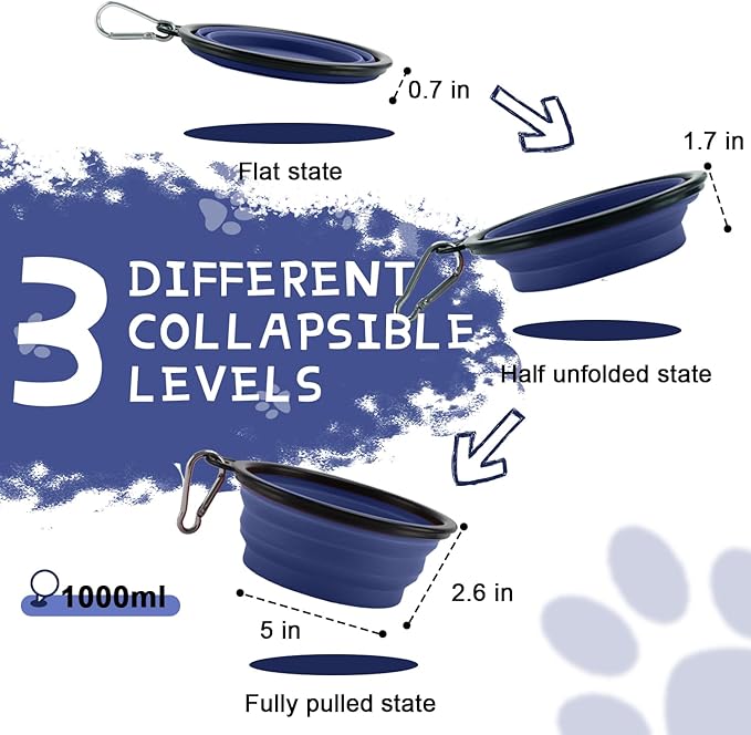 Collapsible Dog Bowls for Travel, 2-Pack Dog Portable Water Bowl for Dogs Cats Pet Foldable Feeding Watering Dish for Traveling Camping with Carabiners, BPA Free (Grey&Navy, Medium (Pack of 2))