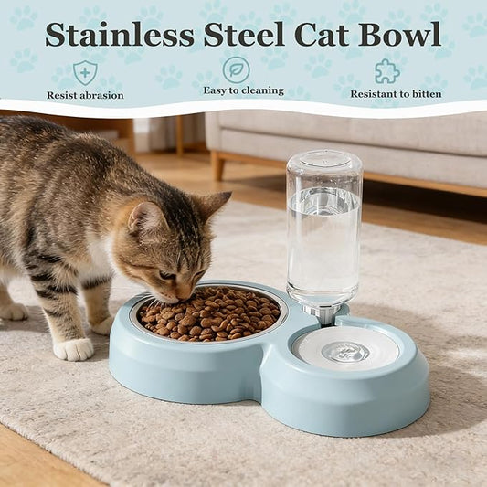 Double Dog Cat Bowls, Pets Food and Water Bowl Set with Automatic Water Dispenser and Stainless Steel Bowl Silicone Dog Bowl Mat, Gravity Feeder for Cats and Small Dogs Puppies (Sky Blue)