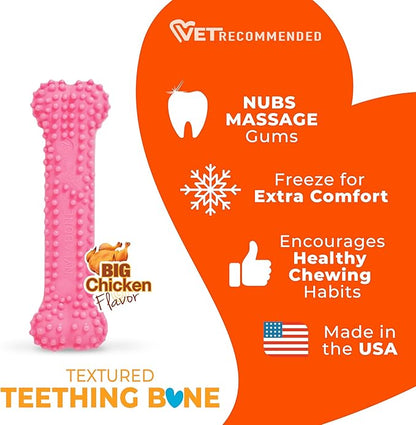 Nylabone Textured Teething Bone Puppy Chew Toy, Soothing Puppy Teething Bone, Enrichment Toy for Puppies, Pink, Chicken Flavor, X-Small Dogs - Up to 15 Ibs, 1 Count
