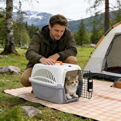 18" Hard-Sided Travel Pet Carrier for Small Dogs and Cats, Handle and 4 Sides Ventilation for Pet, Portable Crate with Steel Wire Door and Security Lock for Car, Airplane, Outdoor (Grey)