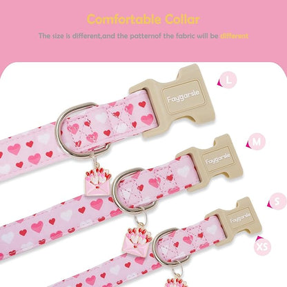 Faygarsle Valentine's Day Dog Collar, Pink with Red and White Hearts Pattern, Adjustable with Quick-Release Buckle and Heart Charm L