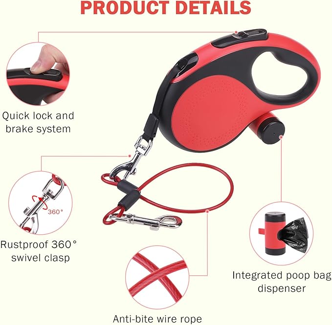 SCENEREAL Retractable Dog Leash for Small Medium Large Dogs up to 110lbs, 26ft 360° Tangle-Free Nylon Tape with Anti-Chewing Wire Rope&Waste Bag Dispenser, Heavy Duty Long Durable One-Handed Brake