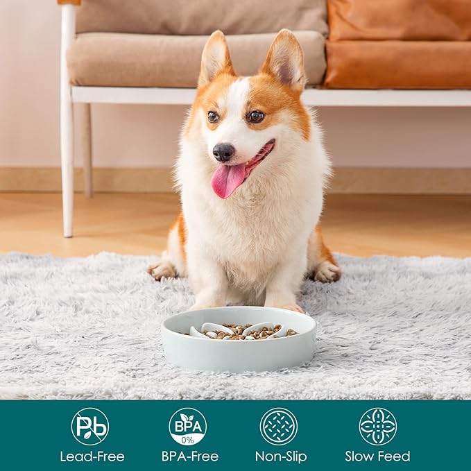 vancasso Ceramic Slow Feeder Dog Bowls, Puzzle Dog Food Bowls with Floral Maze, Anti -Slip Pet Food Dish for Medium Breed, 1.5 Cups, Grayish Cyan