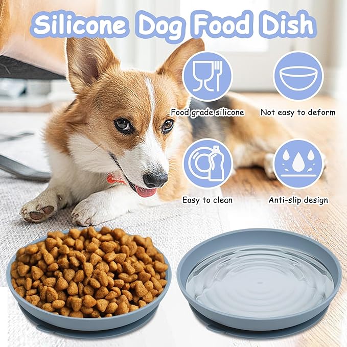 Silicone Dog Bowl Set of 2-7.7in No Spill Puppy Food and Water Dish Less Mess Cat Plates with Suction Cup Non-Tippable Feeding Bowls for Small & Medium-Sized Pets (Round Blue)