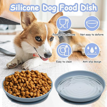 Silicone Dog Bowl Set of 2-7.7in No Spill Puppy Food and Water Dish Less Mess Cat Plates with Suction Cup Non-Tippable Feeding Bowls for Small & Medium-Sized Pets (Round Blue)