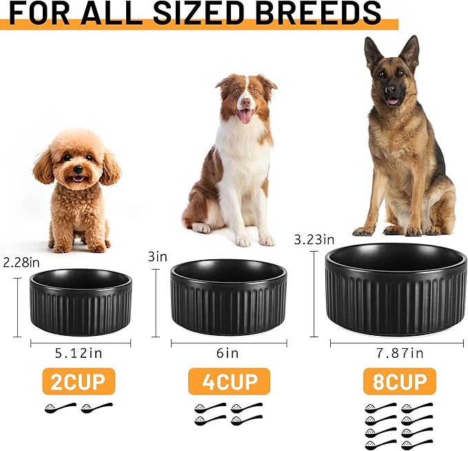 Non-Slip Ceramic Dog Bowls,8" Dog Food and Water Bowl Set with Silicone Base, 64oz/8cups Weighted Flip-Proof Pet Feeding Bowl for Medium and Large Dogs (Large,Black)