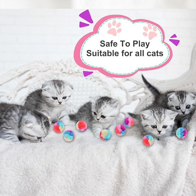 Bremorou 30 Pcs Cat Pom Pom Balls Soft Cat Balls Toy for Indoor Colorful Interactive Rainbow Toy Ball for Indoor Cats Kittens Training Playing Exercising Kitty Pet Interactive Play 1.2 Inches