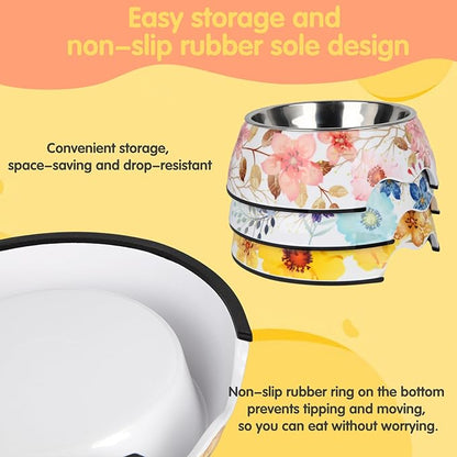 Pet Cats Dogs 2 in 1 Food Water Bowls - Non Slip Skid Proof Heavy Duty Pet Cats Dog Food Water Bowls for Feeding Drinking Small Medium Large Dogs Cats Puppies (Blue Flower, L:28 OZ)