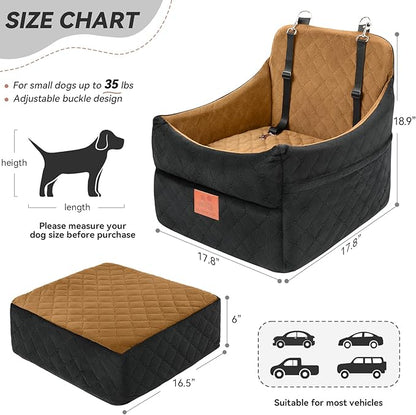 GL GLENSLAVE Dog Car Seat for Small/Medium Dogs, Dog Booster Car Seats with Thick Cushion for Dogs Under 35lbs, Detachable Washable Pet Carseat with Storage Pockets, 2 Safety Belts(Black/Coffee)