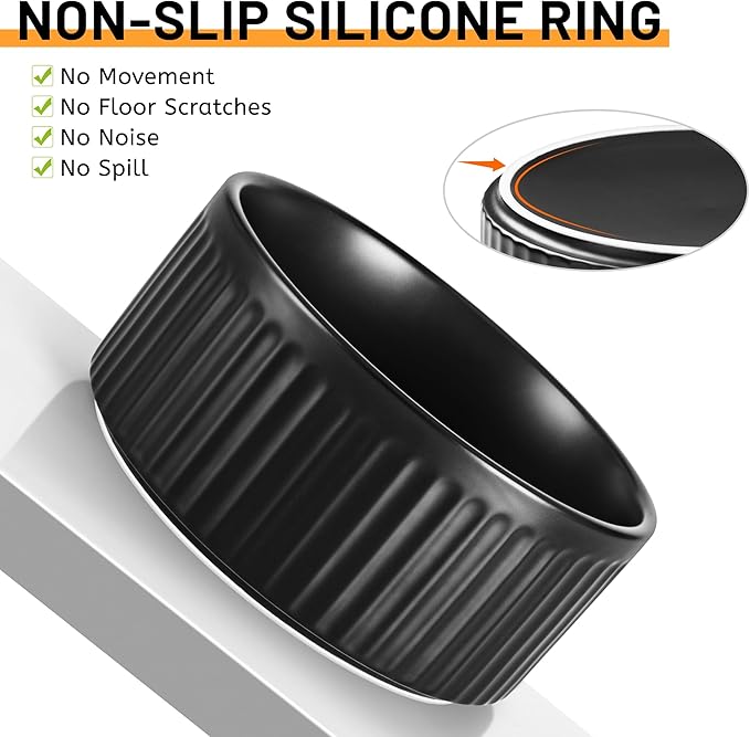 Non-Slip Ceramic Dog Bowls,8" Dog Food and Water Bowl Set with Silicone Base, 64oz/8cups Weighted Flip-Proof Pet Feeding Bowl for Medium and Large Dogs (Large,Black)