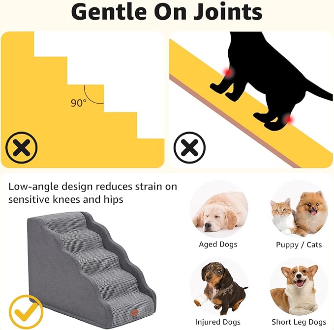 Side Armrest Dog Stairs for High Beds Up to 26-30", 5-Step Pet Ramp with Weighted Base Plate, Washable Cover, Gentle Slope Steps, Bed & Couch Ladder for Small Medium Dogs & Senior Cat