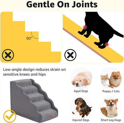 Side Armrest Dog Stairs for High Beds Up to 26-30", 5-Step Pet Ramp with Weighted Base Plate, Washable Cover, Gentle Slope Steps, Bed & Couch Ladder for Small Medium Dogs & Senior Cat
