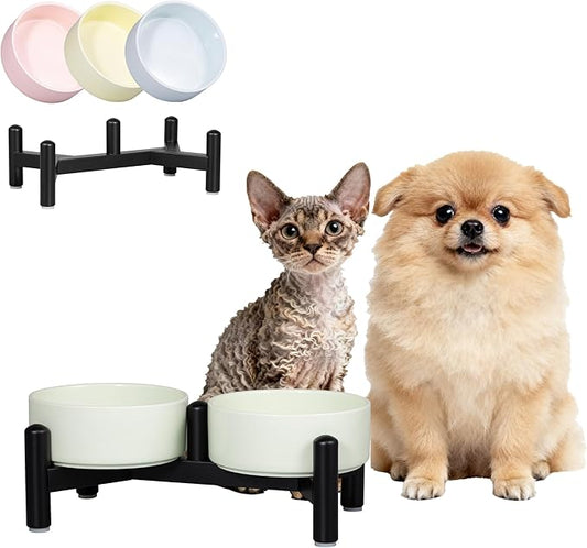 Elevated Ceramic Dog Bowl Set - Cute Double Dishes with Stainless Steel Stand – Raised Feeding Bowls for Cats and Small Dogs - Food & Water Set - 5" / 1.4 Cups (140 g / 260 ml) - Green