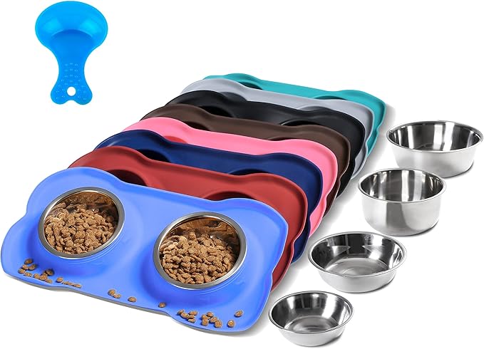 Hubulk Pet Dog Bowls 2 Stainless Steel Dog Bowl with No Spill Non-Skid Silicone Mat + Pet Food Scoop Water and Food Feeder Bowls for Feeding Small Medium Large Dogs Cats Puppies (Large, Blue)