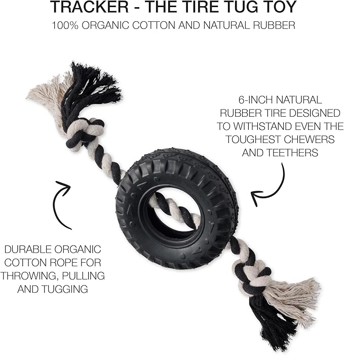 Natural Rubber Tire and Organic Cotton Rope Pull and Chew Dog Toy for All Pet Breeds, Black, Small