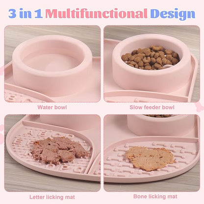 Silicone Slow Feeder Dog Bowls & Cat Bowls, 2 Cups Small Pet Food Bowl with Non-Slip Suction Base, Food-Grade Safe Puzzle Feeder for Small & Medium Dogs & Indoor Cats (Bowl & Lick Mat (Pink))