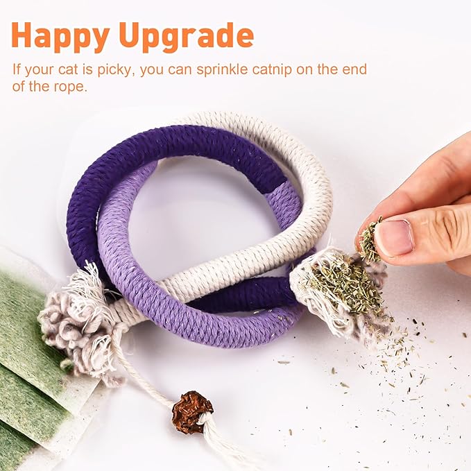 Cat Toys Chew Ropes 3Pcs with Natural Catnip, Safe Teeth Cleaning Toy for Indoor Kittens, Interactive Cat Kitty Toys for All Breeds (27.56 Inches, 3 Bags of Catnip Included)