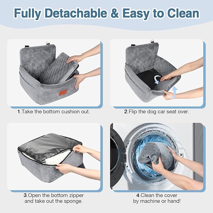 WOOAIDAGG Dog Car Seat for Small Dogs Under 30lbs,Comfy & Safe Travel Bed with Washable Cover,2 Clip-On Safety Leashes and Pockets,Anti-Slip Base,Easy to Install(Grey)