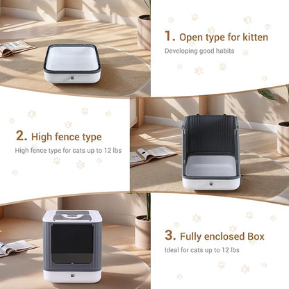 Foldable Cat Litter Box, Fully Enclosed Litter Box with Lid, Covered Kitty Kitten Litter Boxes Enclosure with Scoop, Odor Control, Easy to Clean, 3 Modes for Cat up to 12 lbs(White&Grey)