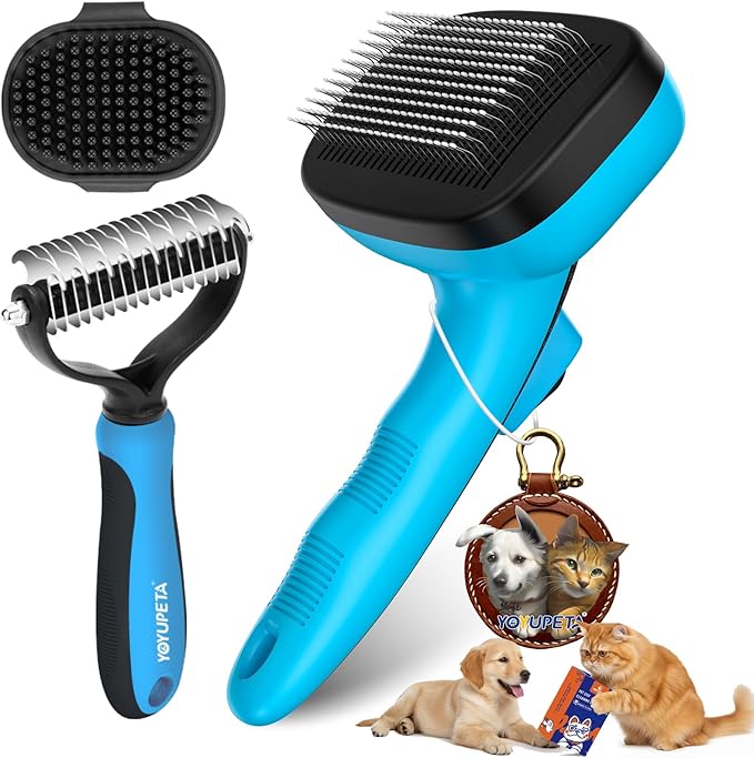 3PC Dog Brush Kit - Self-Cleaning Slicker Brush with Bath Brush & Undercoat Rake | Deshedding Tools for Large - Small Dogs & Cats, Professional Pet Grooming Set for Heavy Shedding, Blue
