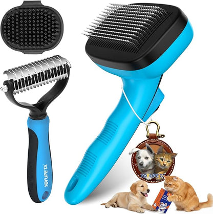 3PC Dog Brush Kit - Self-Cleaning Slicker Brush with Bath Brush & Undercoat Rake | Deshedding Tools for Large - Small Dogs & Cats, Professional Pet Grooming Set for Heavy Shedding, Blue