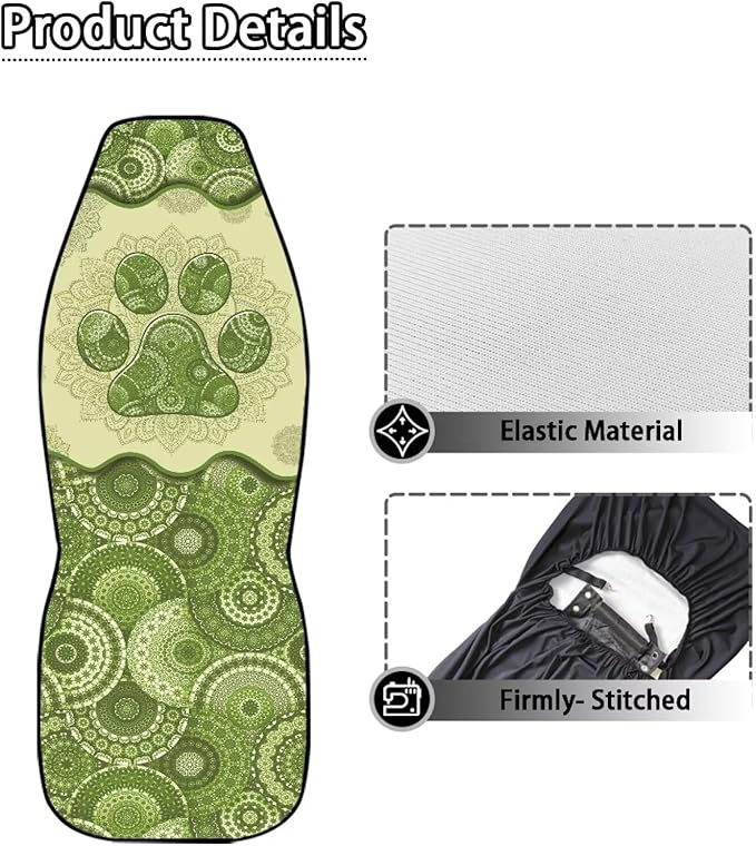 Dreaweet Boho Dog Paw Print Car Seat Covers for Women Green 2 Piece Car Front Seat Cover Washable Universal Bucket Seat Covers for Cars SUV Sedan Trucks