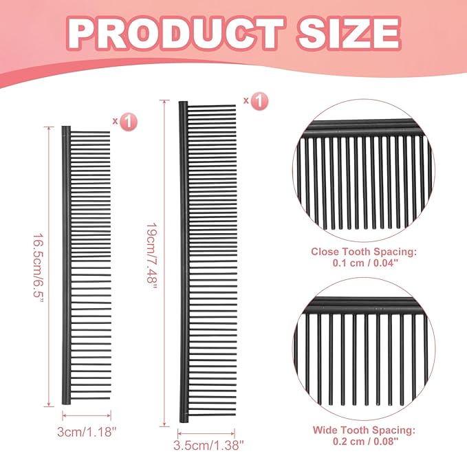 Dog Cat Comb, Pet Combs Stainless Steel Teeth with Rounded Ends for Knots Mats Loose Hair Removal, 6.5/7.5IN (Black Coated, 2 Pack), Grooming Tool Intended for Long Curly Hair Pet
