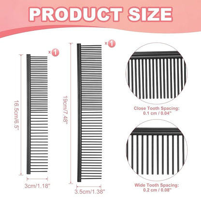 Dog Cat Comb, Pet Combs Stainless Steel Teeth with Rounded Ends for Knots Mats Loose Hair Removal, 6.5/7.5IN (Black Coated, 2 Pack), Grooming Tool Intended for Long Curly Hair Pet