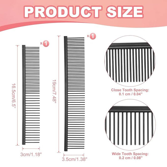 Dog Cat Comb, Pet Combs Stainless Steel Teeth with Rounded Ends for Knots Mats Loose Hair Removal, 6.5/7.5IN (Black Coated, 2 Pack), Grooming Tool Intended for Long Curly Hair Pet