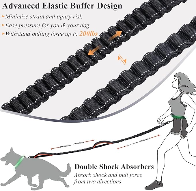 VIVAGLORY Hands Free Dog Leash Bungeetwin Running Dog Leash with Waist Belt for Running Walking & Jogging, Bungee & Around Waist for Pet, M, Black/Orange