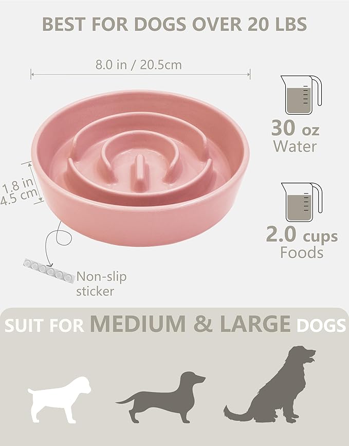 Ceramic Slow Feeder Dog Bowls, 2.0 Cups Slow Feeder for Medium Dogs, Puzzle Maze Bowl to Slow Down Eating, 30oz, 8in, Pink