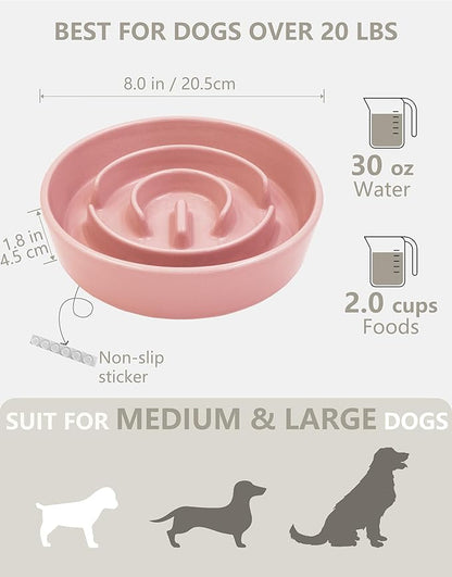 Ceramic Slow Feeder Dog Bowls, 2.0 Cups Slow Feeder for Medium Dogs, Puzzle Maze Bowl to Slow Down Eating, 30oz, 8in, Pink
