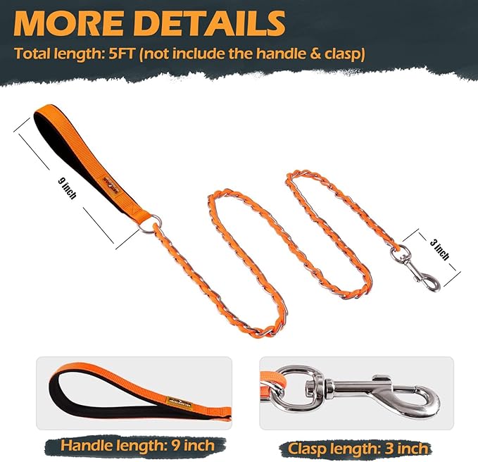 Chain Dog Leash Chew Proof Metal Leash for Medium Large Dogs, Chain Link Dog Anti Chew 5.2FT / 4FT Strong Anti Bite Comfortable Soft Padded Handle (Orange, 5FT(80-150lb))