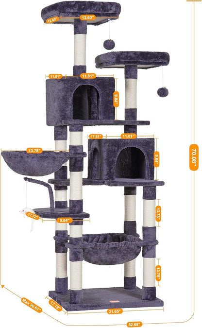 Heybly Cat Tree, 70 inches Tall Cat Tower Condo with Toy for Indoor Large Cats, Cat House Furniture with Padded Plush Perch, Cozy Hammock and Sisal Scratching Posts, Smoky Gray HCT032G