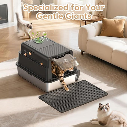 L8 Max-XXXL Stainless Steel Litter Box with Lid, 28" L x 20.5" W x 17.4" H Large Cat Litter Box for Big Cats, Cat Litter Deodorizer Included, High Sided Enclosure with Scoop & Mat, Anti-Leakage-Black