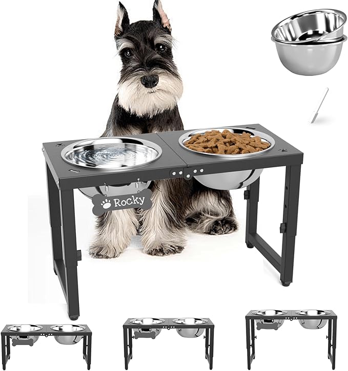 Adjustable Height Elevated Dog Bowls Stand, 2 x 58oz Stainless Steel Raised Dog Food & Water Bowls Holder for Medium, Large, Tall Dogs, Black