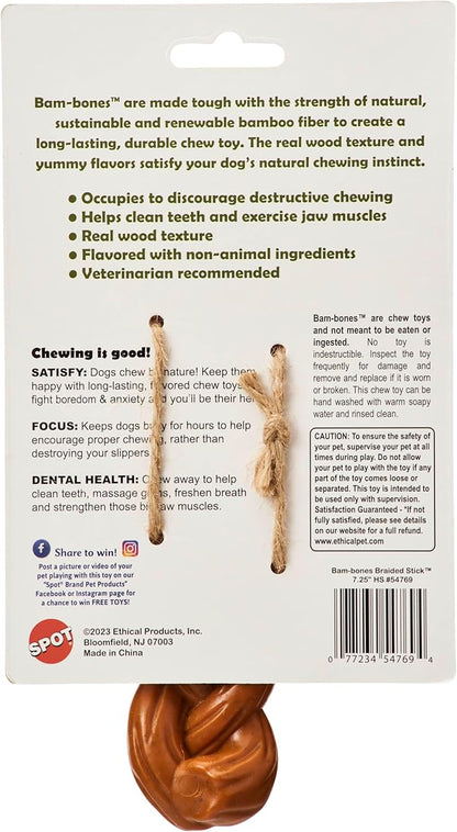 SPOT Bam-Bones Braided Stick - Made with Strong Bamboo Fiber, Durable Long Lasting Dog Chew Toy for Light to Moderate Chewers, for Dogs & Teething Puppies Under 40lbs, 7.25in, Hickory Smoke Flavor