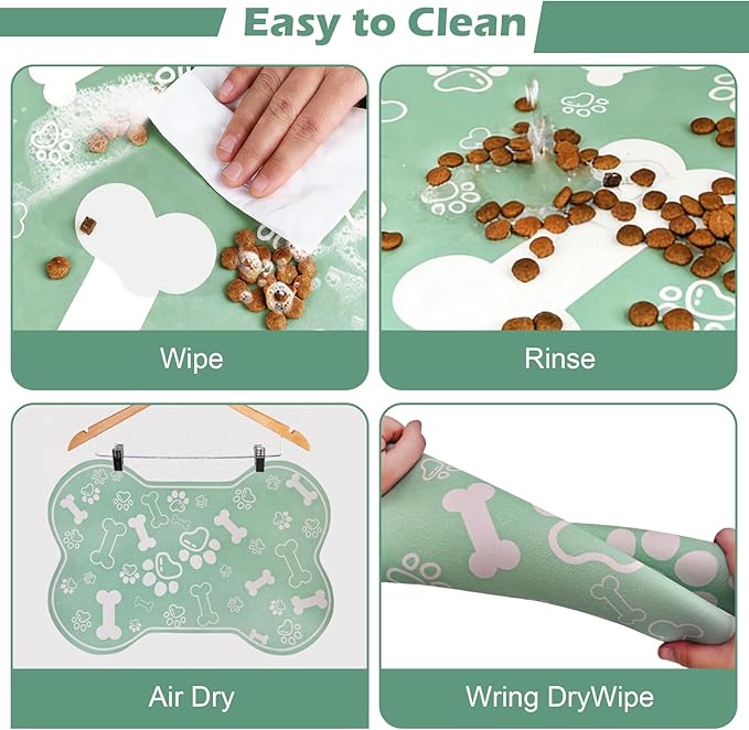 Dog Cat Mat for Food and Water,Rapid Absorbent Pet Feeding Mat, Bone Shaped Dog Placemat Bowl Mat with Rubber Backing,No Stains Pet Food Mats Indoor, Pet Accessories Supplies,Green 17"×29"