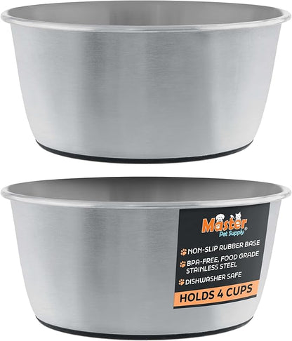Master Pet Supply Stainless Steel Dog Bowls Set of 2 (32 Oz Each) with Non-Slip Rubber Base - Stainless Steel - Basic Dog Food Bowl Water & Food Bowls for Small Medium Large Dogs & Cats, Metal Dish