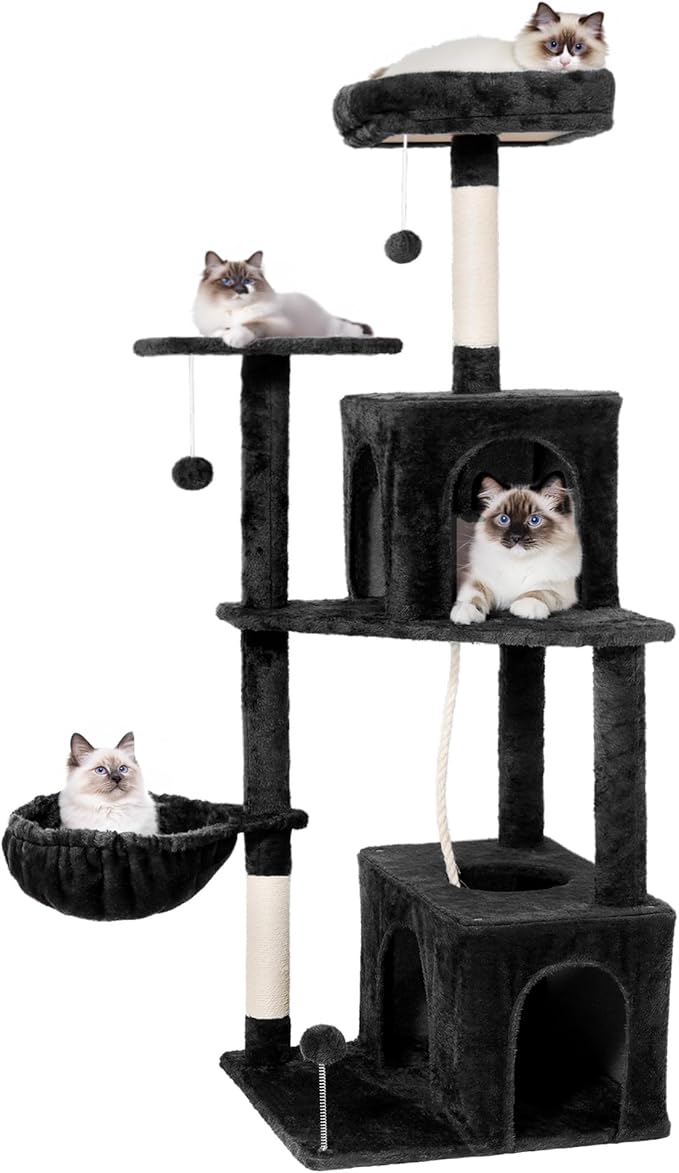 54 Inch Multi-Level Cat Tree Tower with Hammock, Condos & Scratching Posts, Large Cat Furniture for Indoor Cats with Pompoms, Black