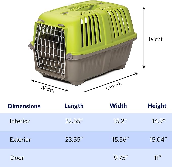 MidWest Homes for Pets Spree Travel Carrier – Hard-Sided Dog & Cat Carrier, Small Pet Travel Crate with Handle, Ventilated Design, Easy Assembly, 24-Inch, Green