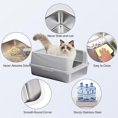 Henkelion Stainless Steel Cat Litter Box with Lid, Extra Large Litter Box for Big Cats with High Sided, Non-Sticky, Anti-Urine Leakage, Easy Cleaning, Include Cat Mat and Scoop with Holder (S)