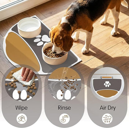 Absorbent Dog Food Mat, 20''x12'' Easy Clean Dog Mat for Bowls, No Stains Quick Dry Pet Water Mats Protect Floor, Avoid Water Spilling Small Feeding Mats for Dogs & Cats, Gray & Brown