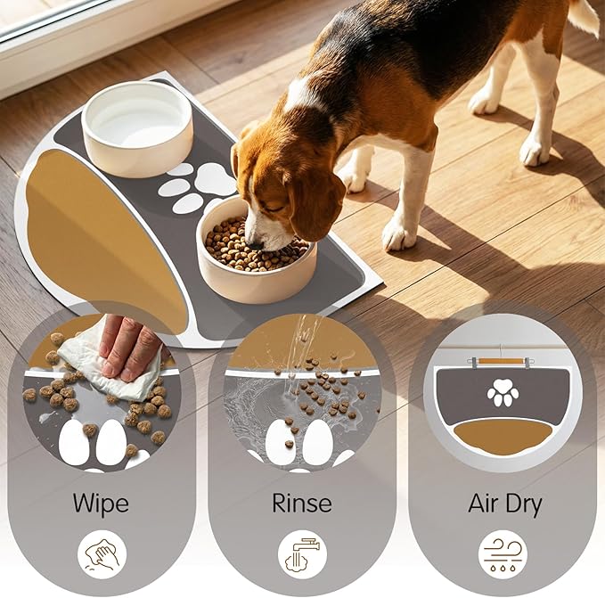 Pet Feeding Mat Half Round - 24''x16'' Absorbent Dog Food Mat for Floors Waterproof, Non Stains Pet Placemats for Small-Medium Dogs, Fit with Dual Bowls Design, Gray & Brown