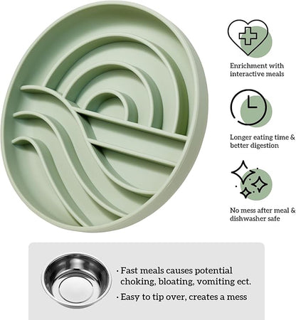 OHMO Slow Feeder Dog Bowls (Sunrise, Sage Green) Enrichment Toy Soft Silicone Food Safe Feeding Bowl Non Slip Suction Cup for All Breed Pet, Cat Slow Down Eating Dishes, Boredom and Anxiety Reducer