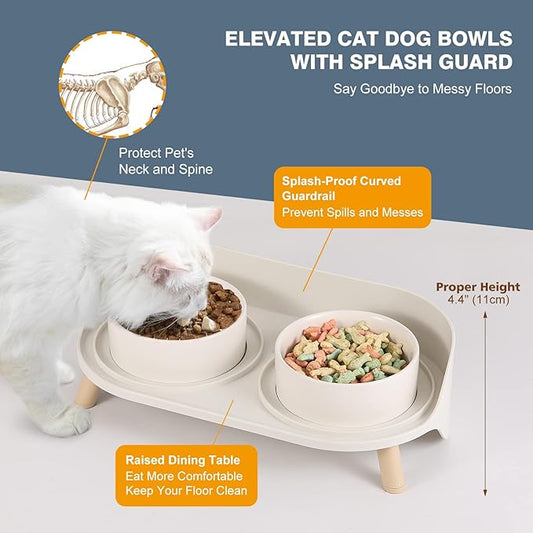 Raised Cat Food and Water Bowl Set - Elevated Ceramic Dishes With Non-Slip Stand and Splash Guard for Small Dogs - 2 x 480 ML (16.2 OZ)