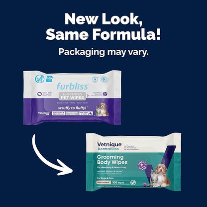 Vetnique DermaBliss Pet Wipes for Dogs & Cats for Grooming, Cleansing & Deodorizing, Thick Dog Wipes for Convenient Dog Cleaning and Natural Pet Odor Eliminator, 100ct (Unscented)