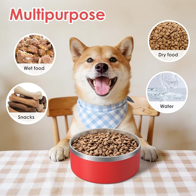 IKITCHEN Dog Bowl for Food and Water, 64 Oz Stainless Steel Pet Feeding Bowl, Durable Non-Skid Double Wall Insulated Heavy Duty with Rubber Bottom for Medium Large Dogs (64 Ounces/8 Cup, Red)