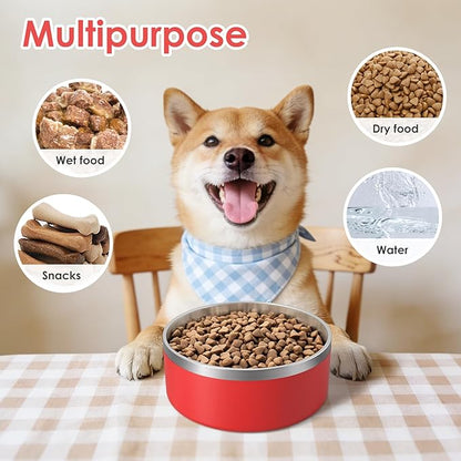 IKITCHEN Dog Bowl for Food and Water, 64 Oz Stainless Steel Pet Feeding Bowl, Durable Non-Skid Double Wall Insulated Heavy Duty with Rubber Bottom for Medium Large Dogs (64 Ounces/8 Cup, Red)