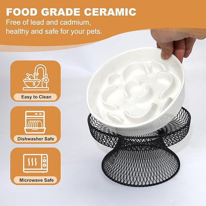Raised Ceramic Cat Slow Feeder Bowl, Elevated Cat Plate with Stand, Slow Bowl for Wet and Dry Food, Whisker Friendly Pet Feeder for Kitten and Small Dog Perfect for Pet Gift